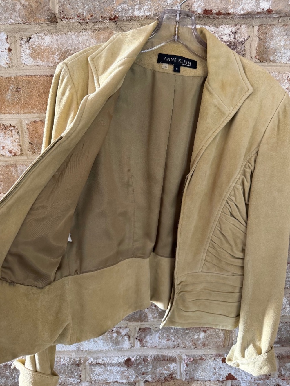 ✨ VINTAGE 90s Anne Klein NY Chartreuse Suede Ruched Zip Jacket MINT - Sz S - Picture 9 of 9